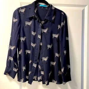 Alice + Olivia navy blue zebra silk button down top
